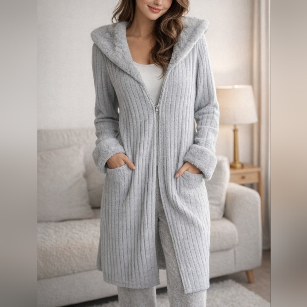 SHEIN Gray Faux Fur Trimmed Cardigan